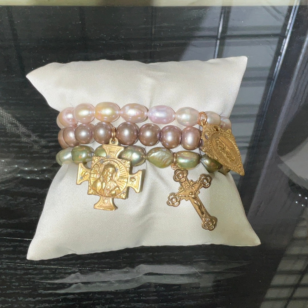 Brac set Rose,grn&Pink pearls