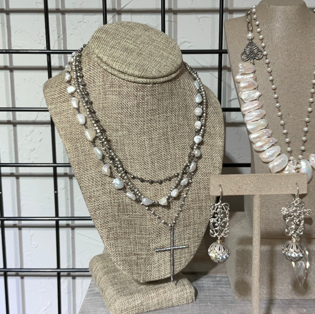 CZ cross keshi pearl pyrite SS
