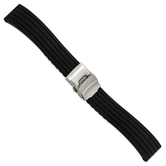 20mm Black Striped Silicone Stainless Steel Deployment Buckle Watch Band