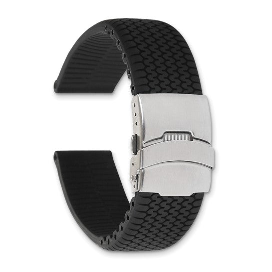 20mm Black Tread Design Silicone Stainless Steel Deploy Buckle Watch Band