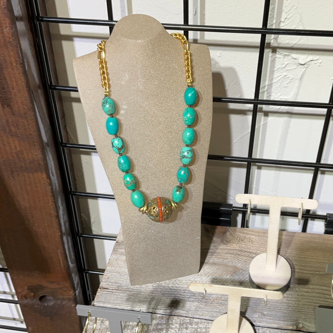 Lg vint Tibetan bead/knot Turq