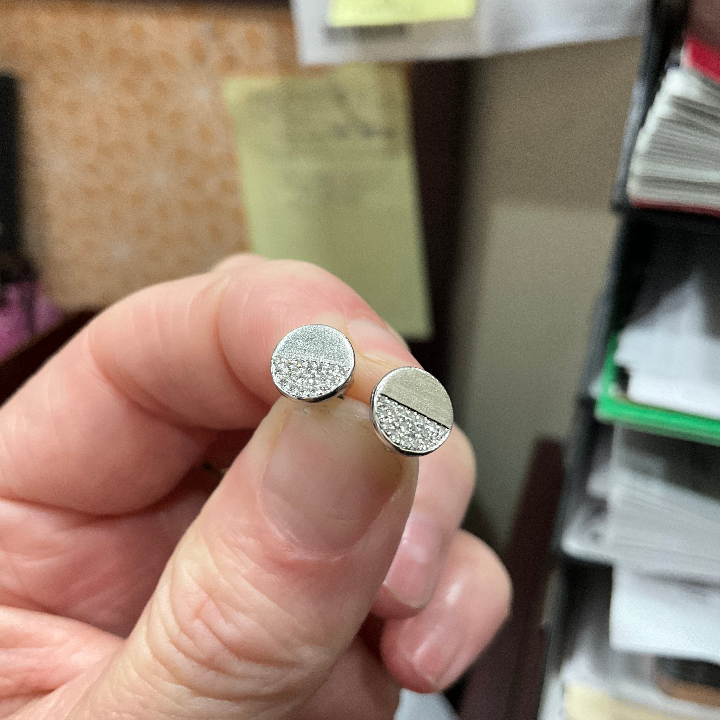 14KW .04CTW Diamond Half Round Pave Disc Earrings