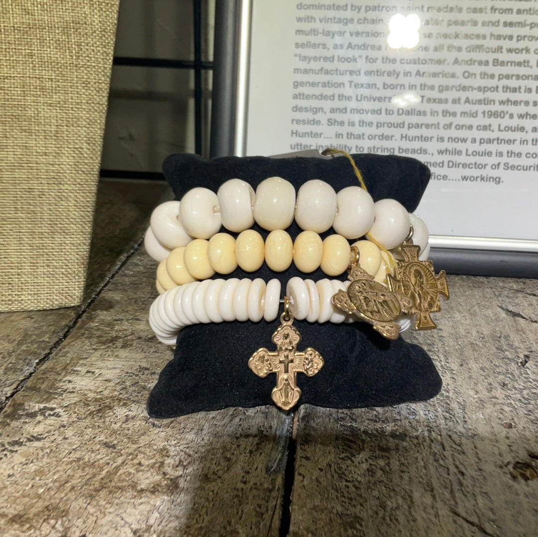 BONE BEAD BRACELET W BRZ CROSS-8"